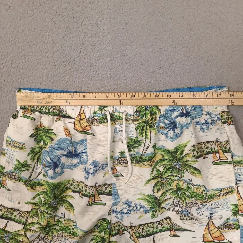 Croft &‎ Barrow Swim Trunks Mens Large White Hawaiian Floral Sailboat Palm Lined